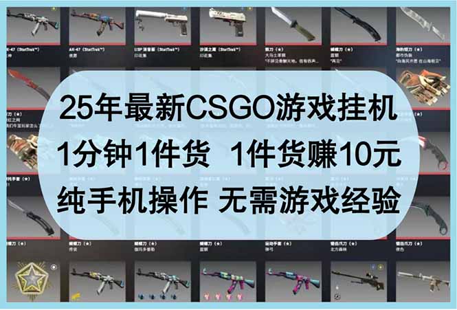 (14439期)25年最新CSGO游戏挂机,1分钟1件货,1件货赚10元 纯手机操作 无需游戏经验